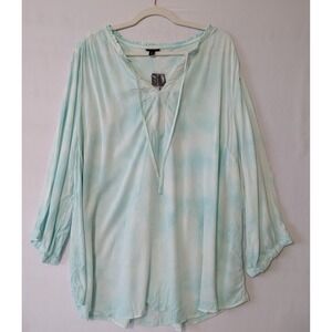 Torrid Tie-Neck Tunic Top Blouse Tie Dye Long Sleeve Aqua Green Plus Size 2X New